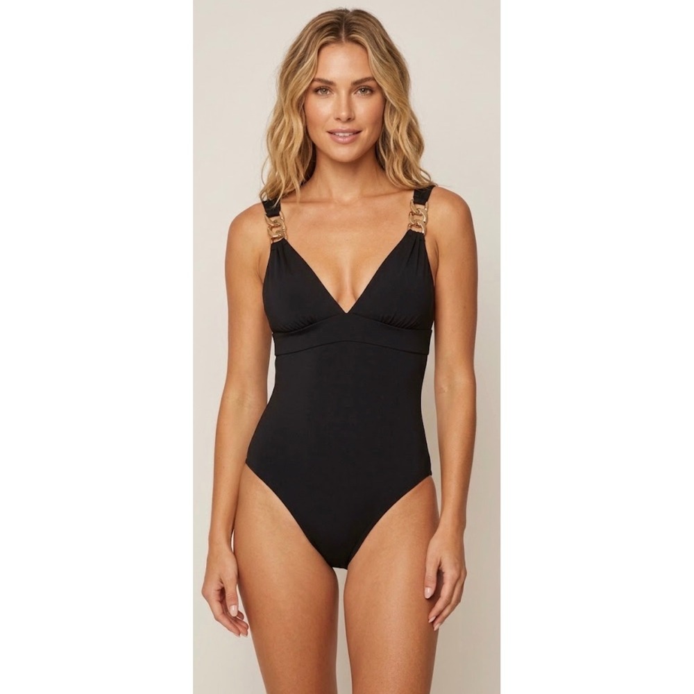 Robin Piccone Black Chain Link VNeck One Piece Swimsuit Beach Resort Size 10 NEW